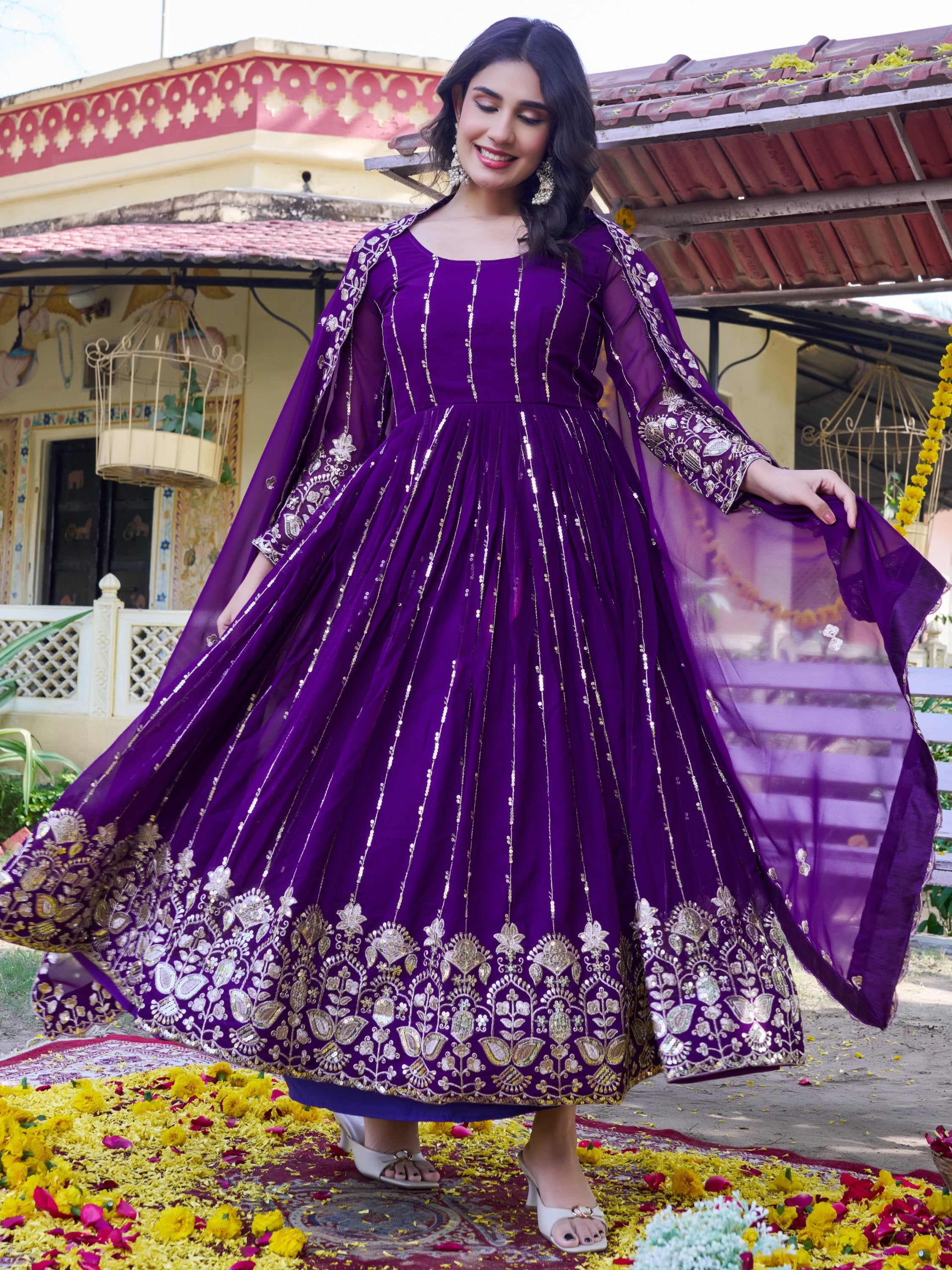 Stunning Purple Sequins Georgette Evening Wear Gown With Dupatta