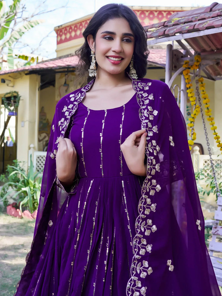 Stunning Purple Sequins Georgette Evening Wear Gown With Dupatta