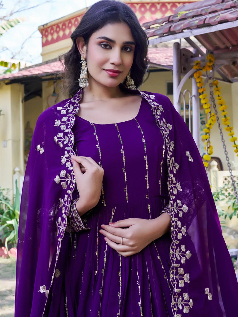 Stunning Purple Sequins Georgette Evening Wear Gown With Dupatta