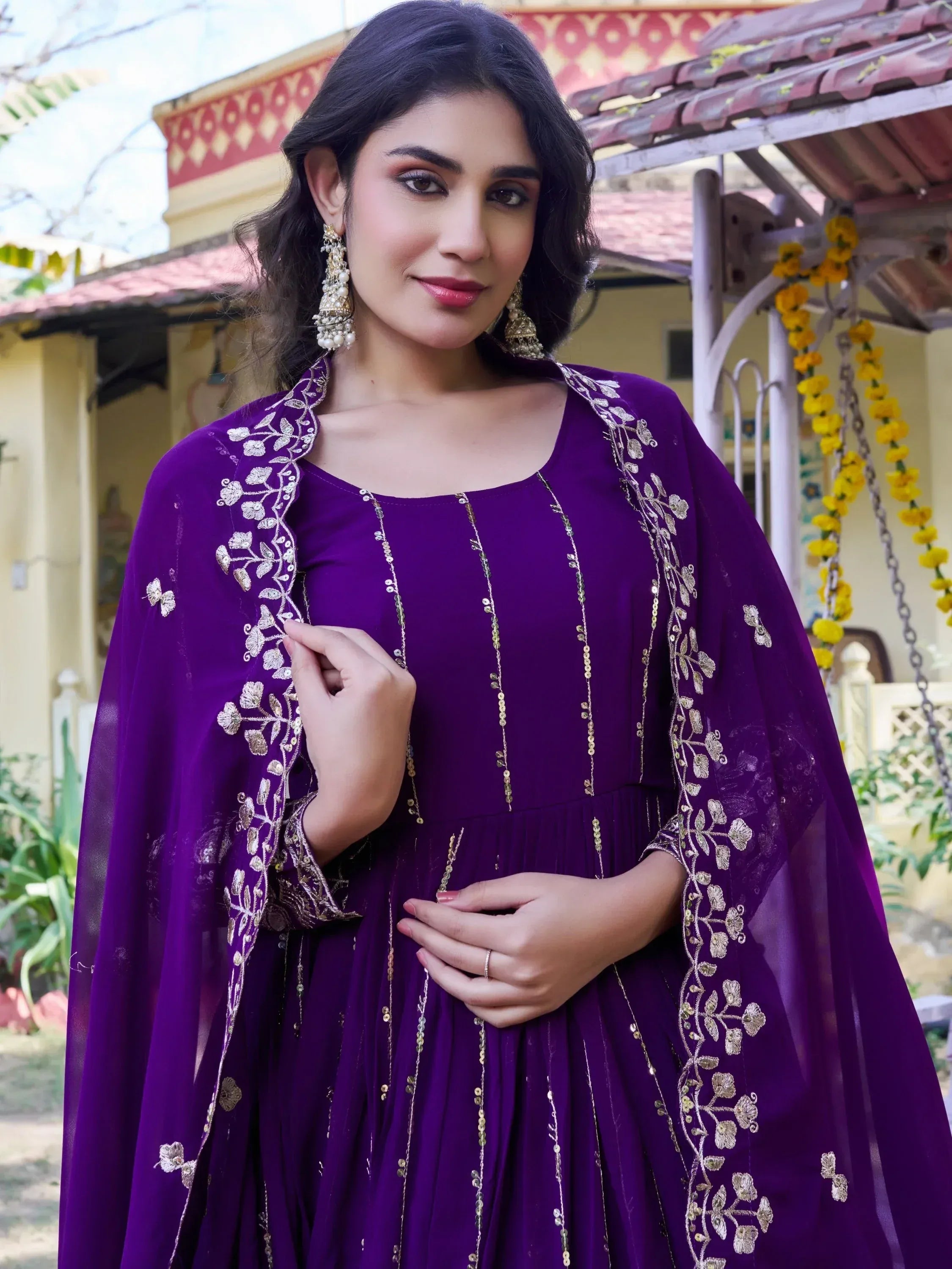 Stunning Purple Sequins Georgette Evening Wear Gown With Dupatta