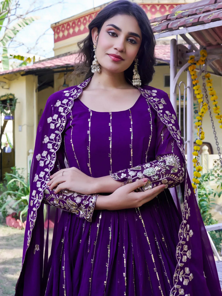 Stunning Purple Sequins Georgette Evening Wear Gown With Dupatta