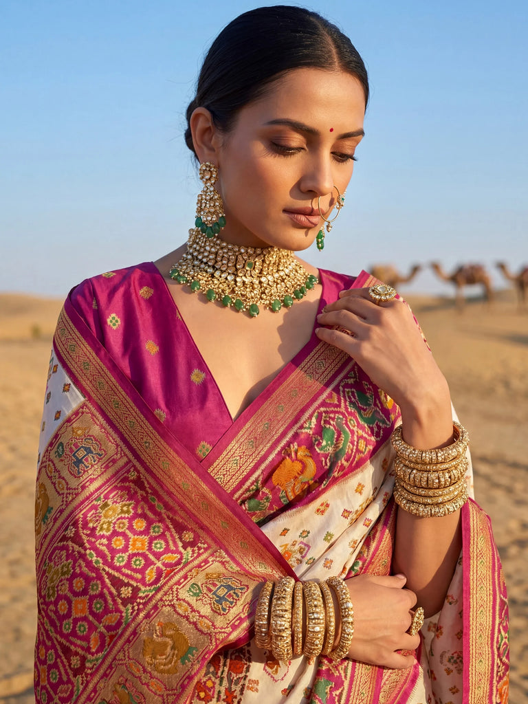 Enchanting Rani Pink Zari Weaving Silk Wedding Wear Saree With Blouse