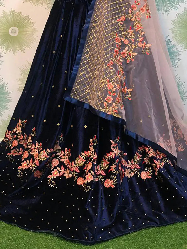 Navy blue embroidered lehenga with floral patterns