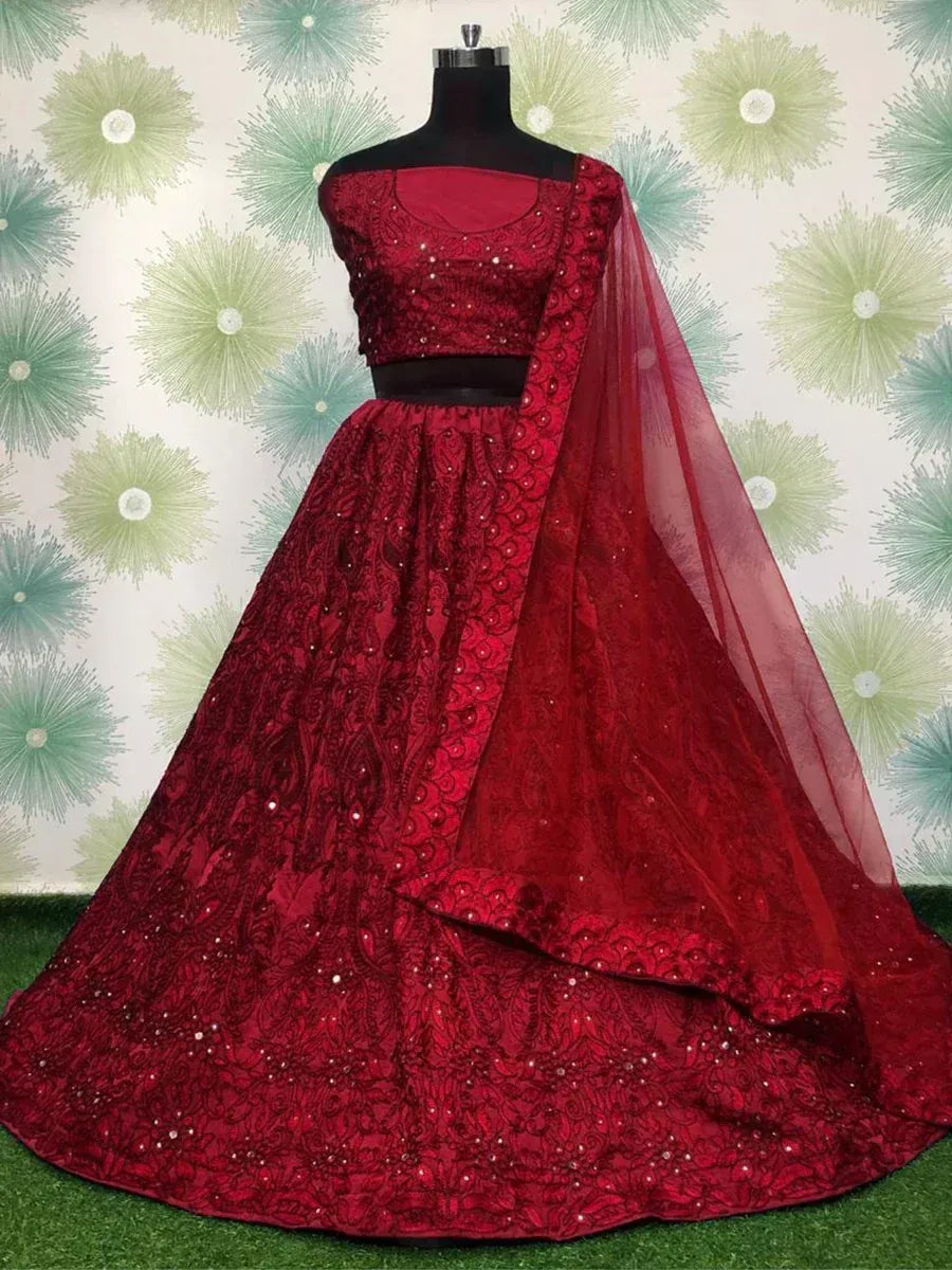 Red embroidered lehenga choli with dupatta, Indian ethnic wear for weddings and festivals