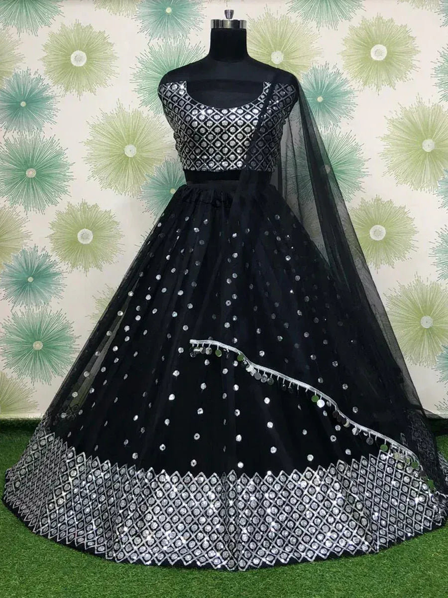 Black designer lehenga choli with silver mirror work and net dupatta, ethnic Indian wear