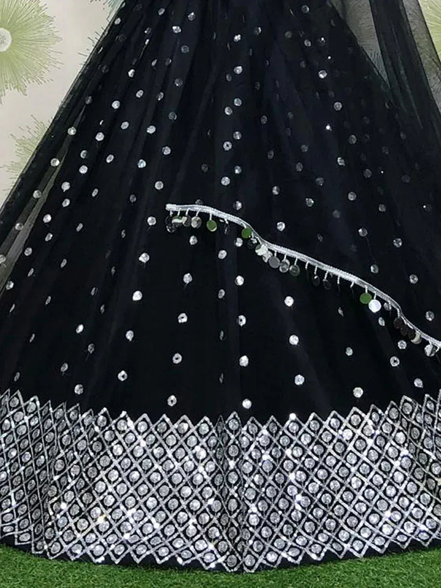 Black designer lehenga with silver mirror work and sequin border, ethnic Indian wear
