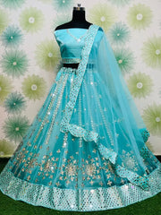 Amazing Sky Blue Net Mirror Work Lehenga Choli With Dupatta
