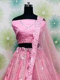 Alluring Pink Net Mirror Work Party Wear Lehenga Choli With Dupatta