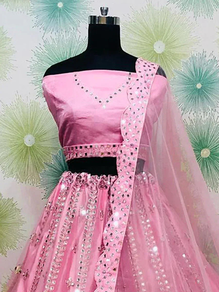 Pink designer lehenga choli with mirror work and net dupatta, ethnic wear for women