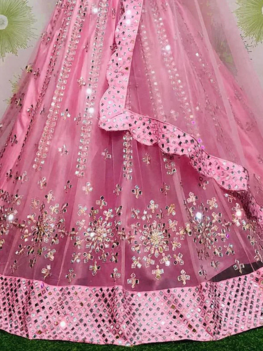 Pink designer lehenga with mirror work and floral embroidery, perfect for Indian ethnic wear