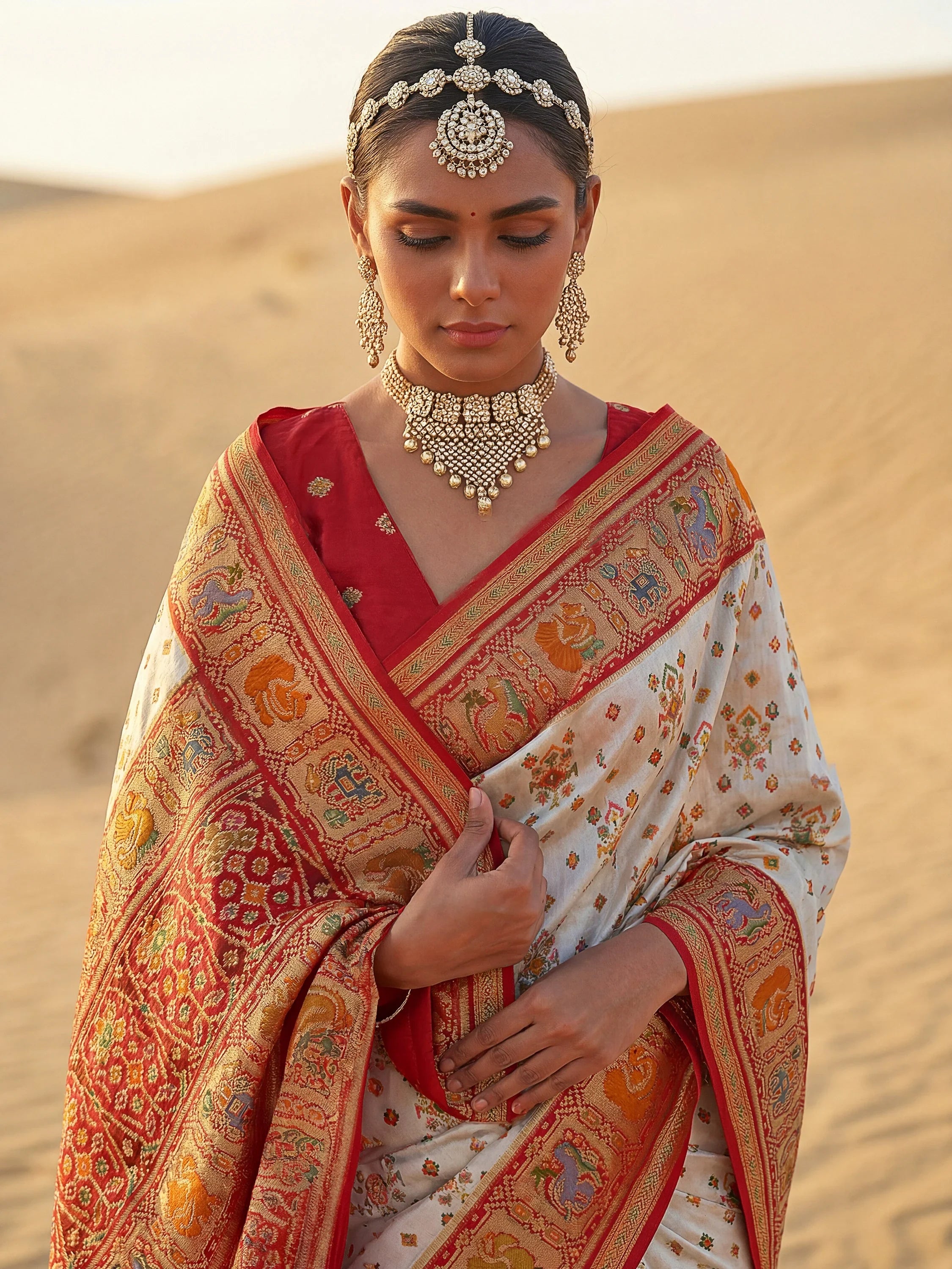 Precious Cream Zari Weaving Silk Function Wear Saree With Blouse