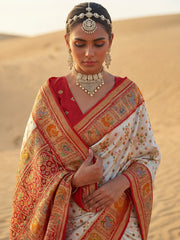 Precious Cream Zari Weaving Silk Function Wear Saree With Blouse