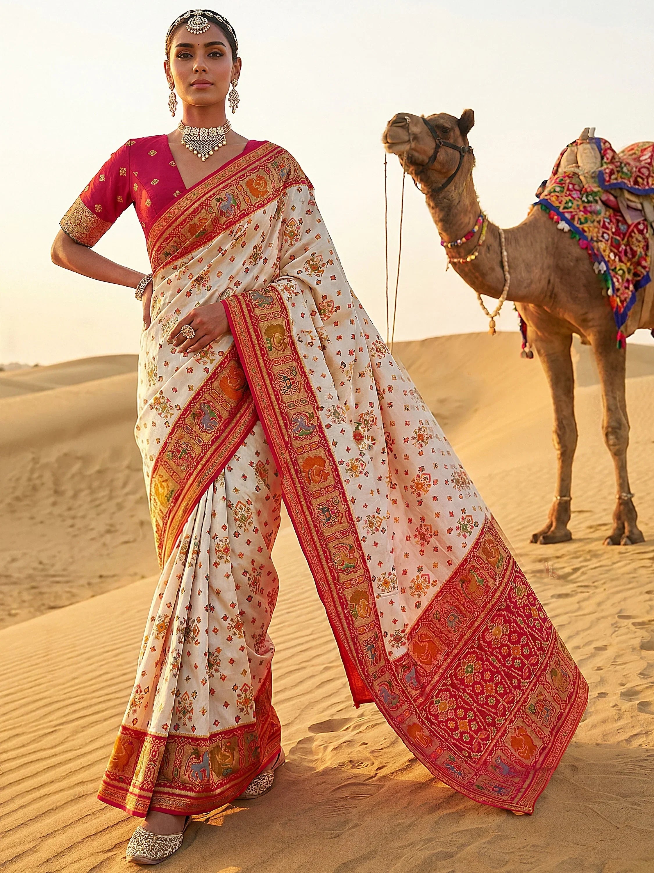 Precious Cream Zari Weaving Silk Function Wear Saree With Blouse