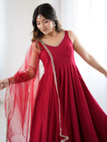 Artistic Red Chanderi Silk Mirror Lace Work Anarkali Suit With Dupatta