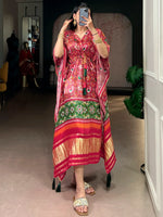 Fascinate Red Ikkat Print Gaji Silk Wedding Wear Kaftan