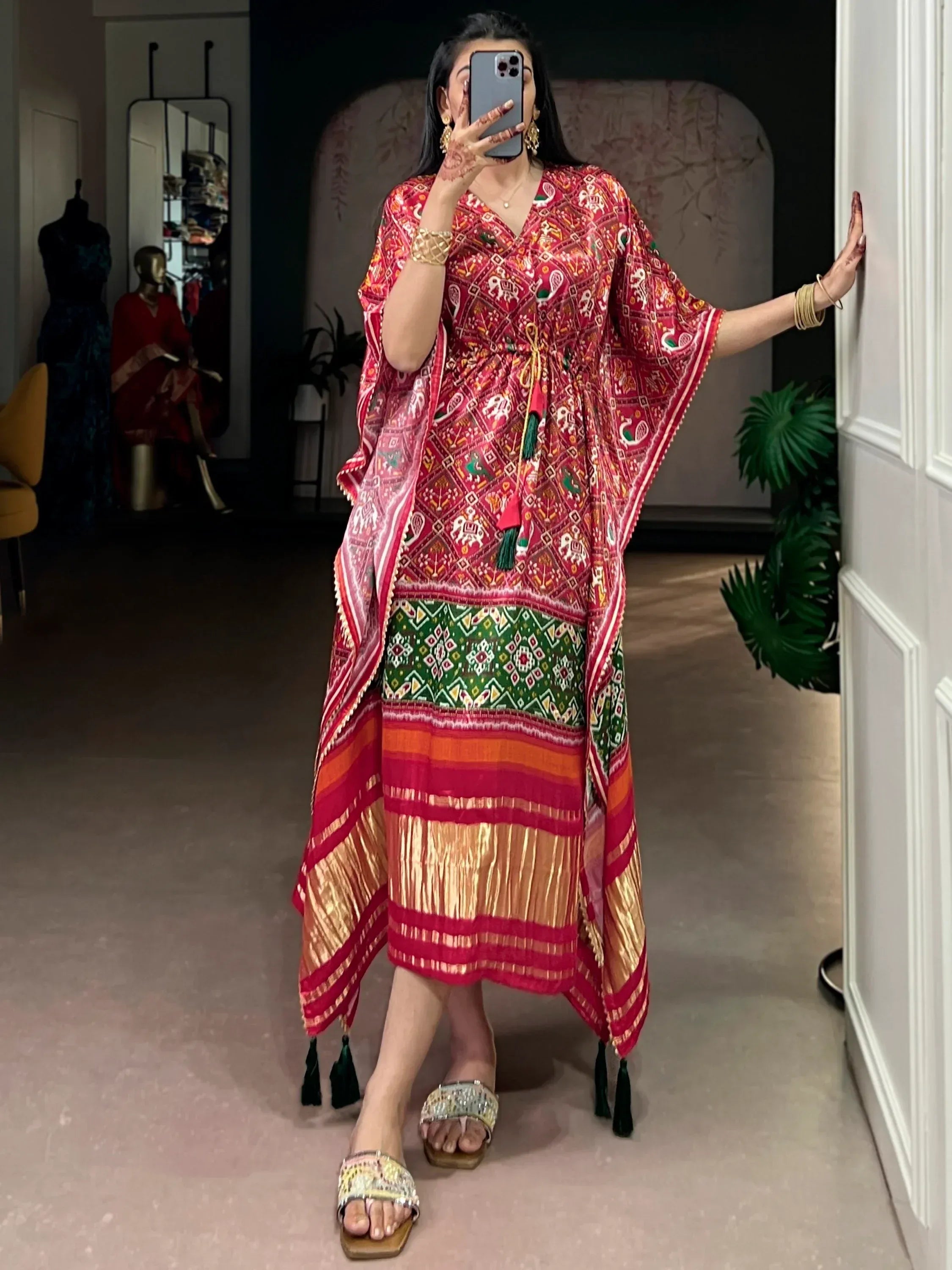Fascinate Red Ikkat Print Gaji Silk Wedding Wear Kaftan