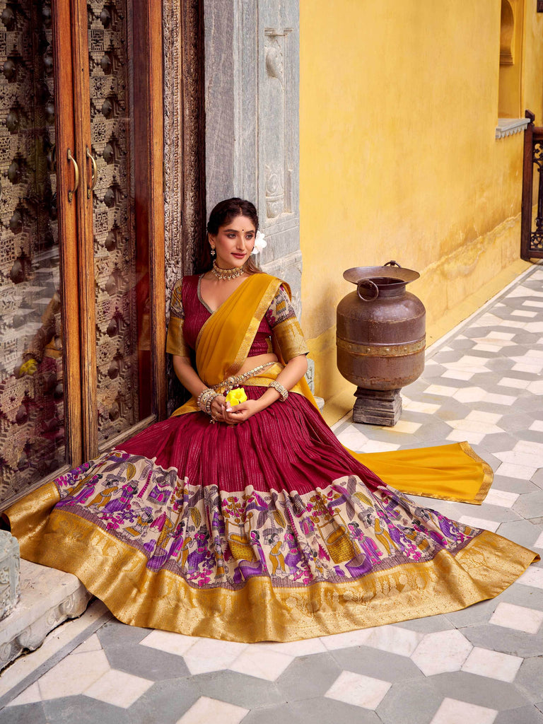 Desirable Red Chanderi Silk Kalamkari Printed Half Saree Lehenga