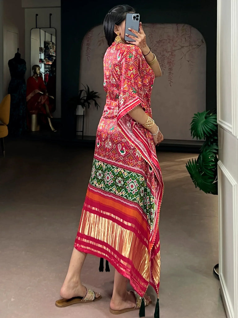 Fascinate Red Ikkat Print Gaji Silk Wedding Wear Kaftan