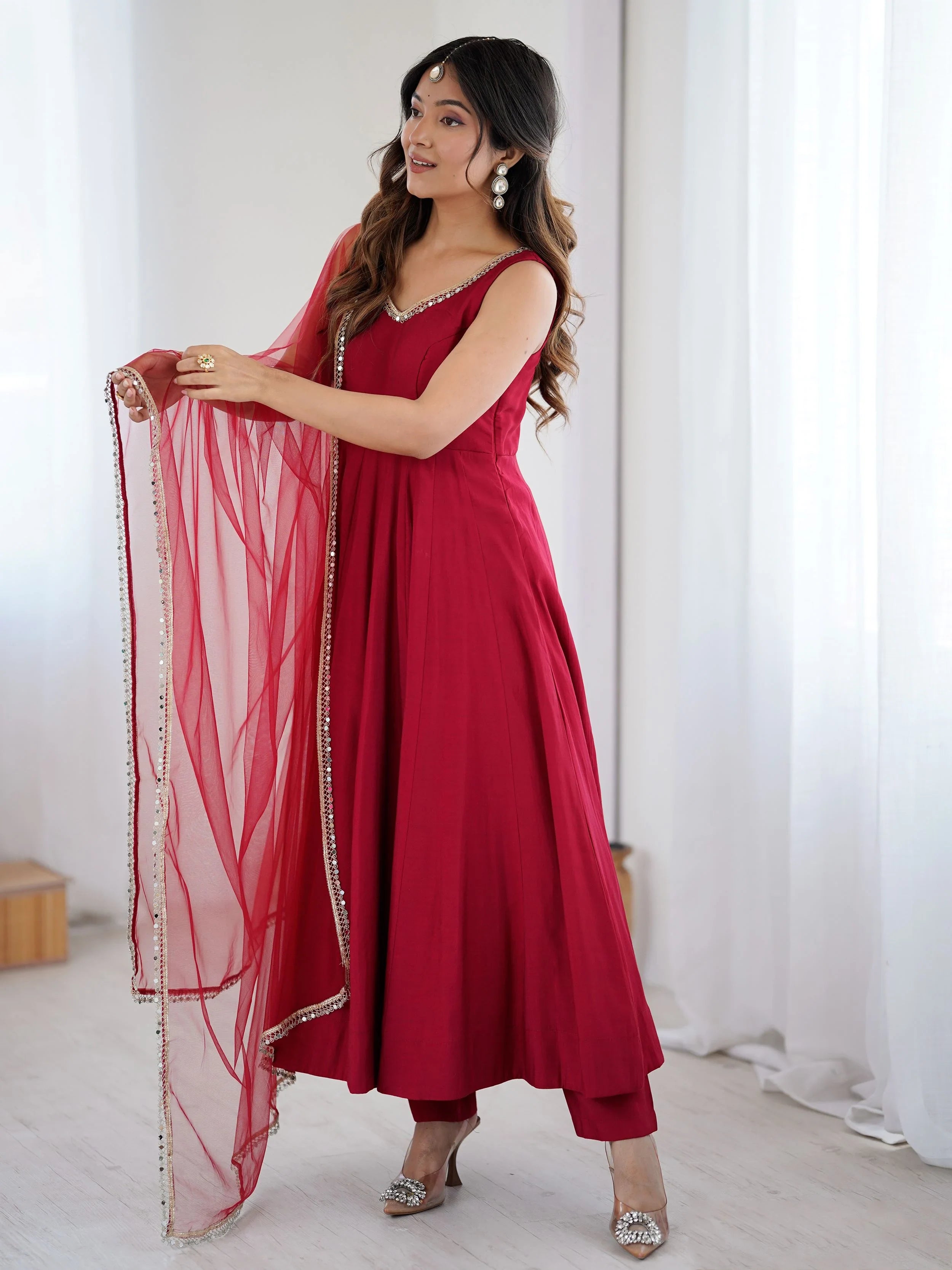 Artistic Red Chanderi Silk Mirror Lace Work Anarkali Suit With Dupatta