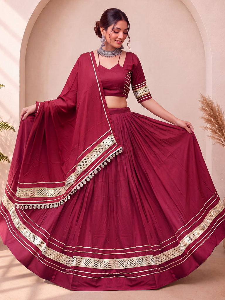 Radiant Maroon Gota Work Cotton Navratri Wear Lehenga Choli With Dupatta