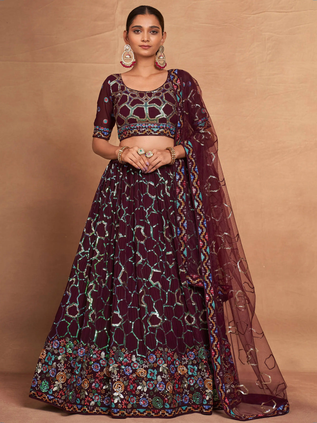 Glamorous Maroon Sequins Georgette Reception Wear Lehenga Choli