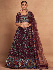 Glamorous Maroon Sequins Georgette Reception Wear Lehenga Choli