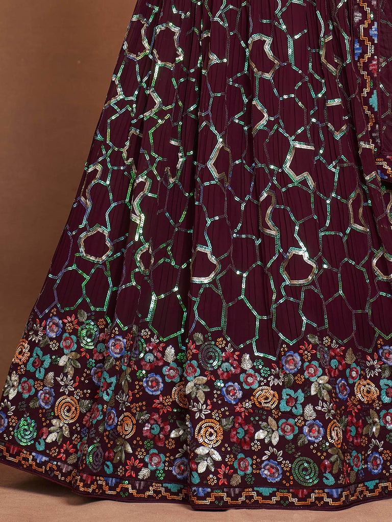 Glamorous Maroon Sequins Georgette Reception Wear Lehenga Choli