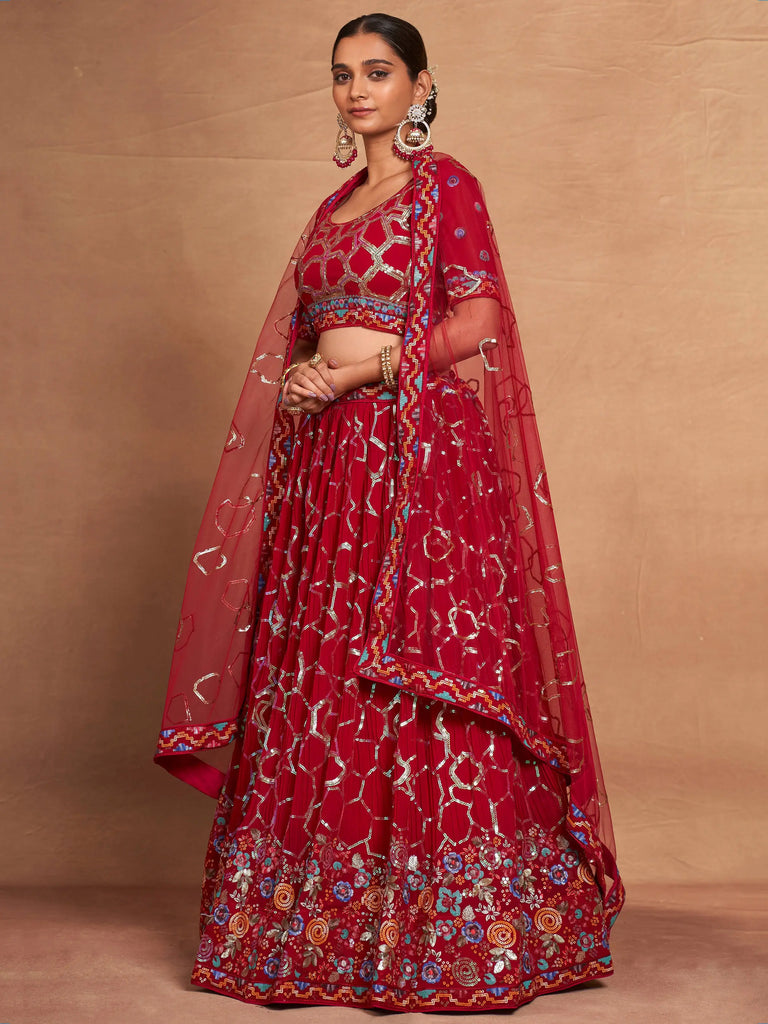 Bewitching Red Sequins Georgette Wedding Wear Lehenga Choli