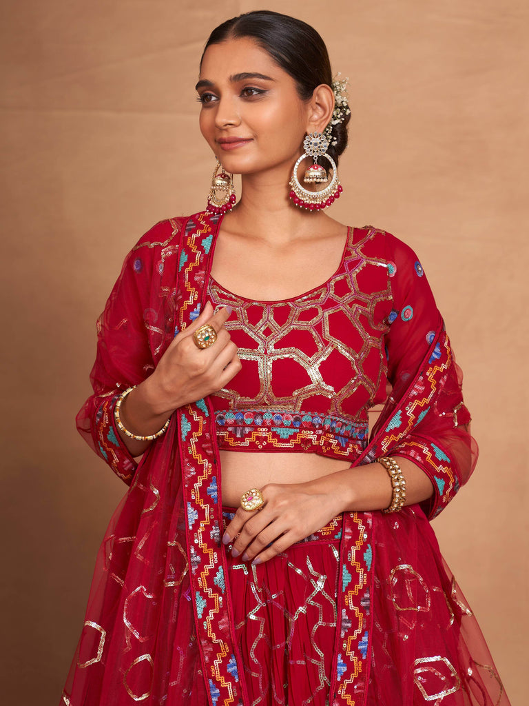 Bewitching Red Sequins Georgette Wedding Wear Lehenga Choli