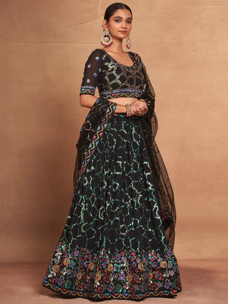 Fascinating Black Sequins Georgette Party Wear Lehenga Choli