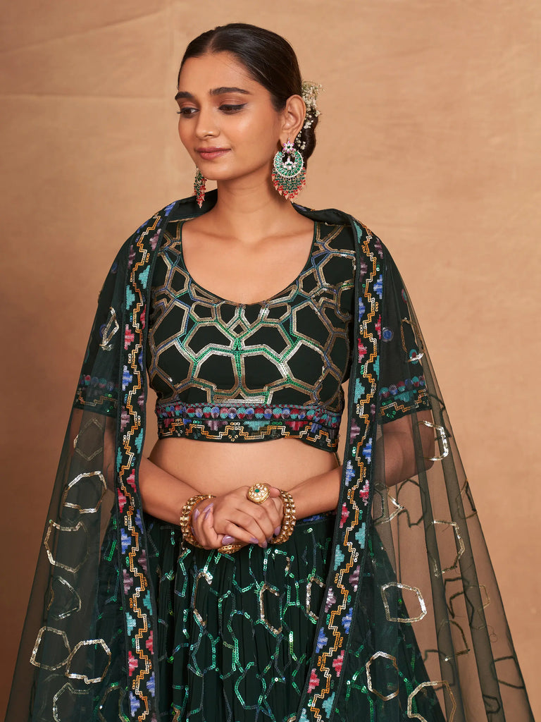Mesmerizing Green Sequins Georgette Mehendi Wear Lehenga Choli