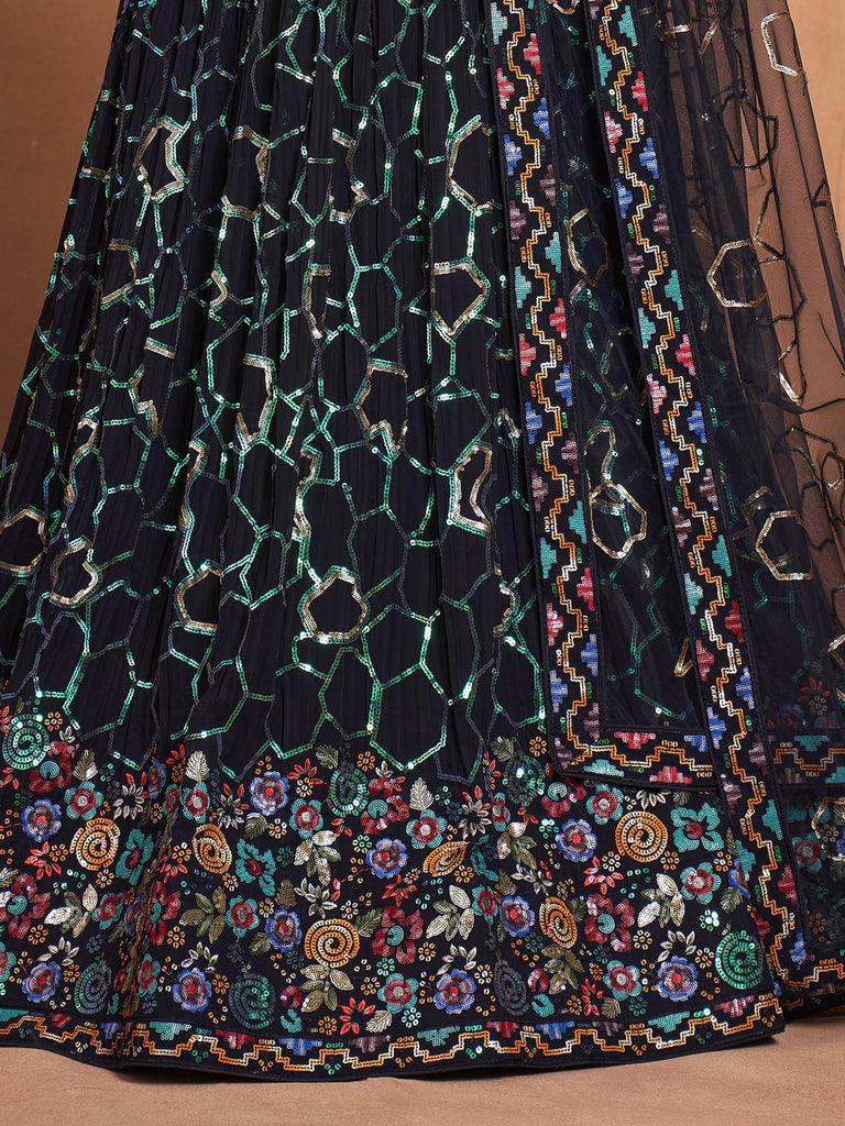 Captivating Navy Blue Sequins Georgette Lehenga Choli With Dupatta