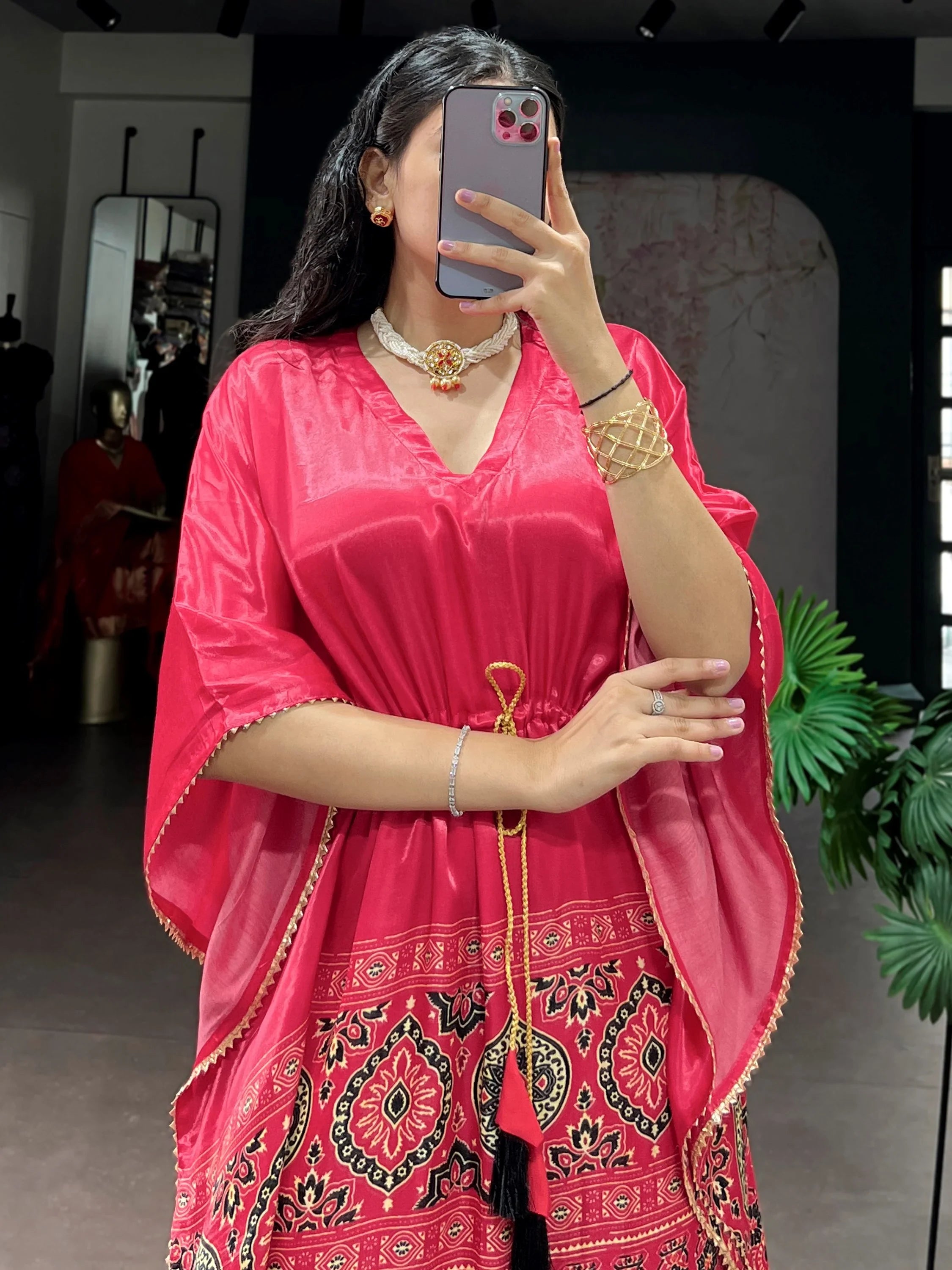 Delightful Pink Digital Printed Gaji Silk Festive Wear Kaftan