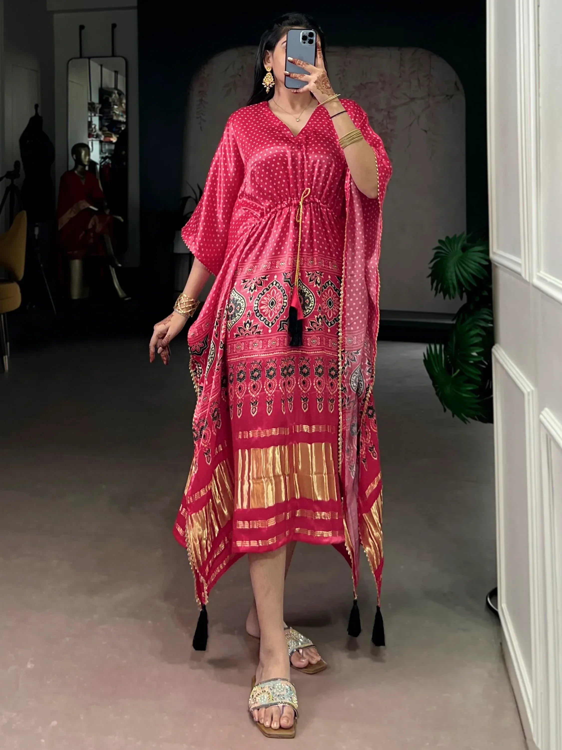 Enchanting Rose Pink Gota Laced Gaji Silk Marriage Wear Kaftan