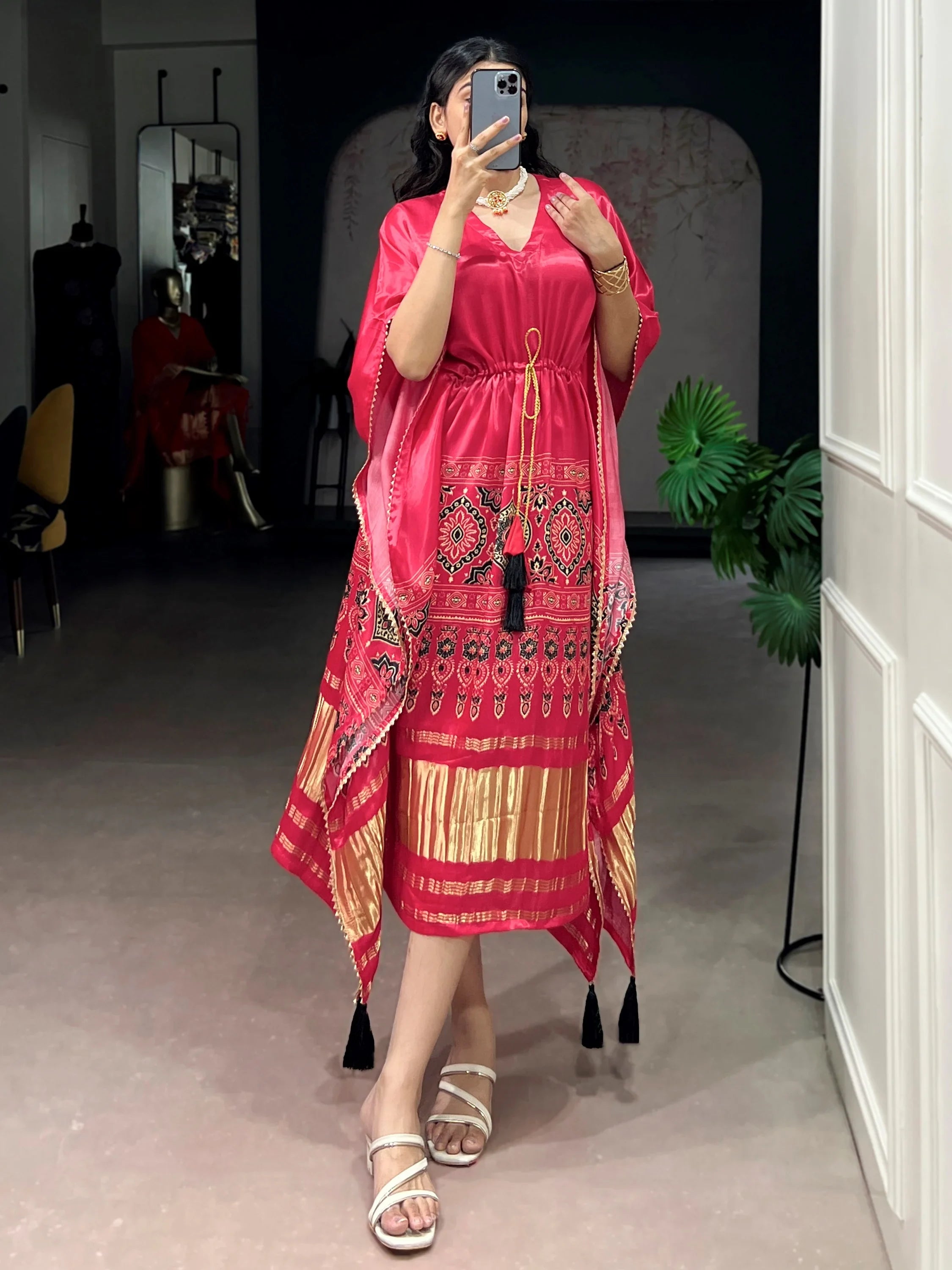 Delightful Pink Digital Printed Gaji Silk Festive Wear Kaftan