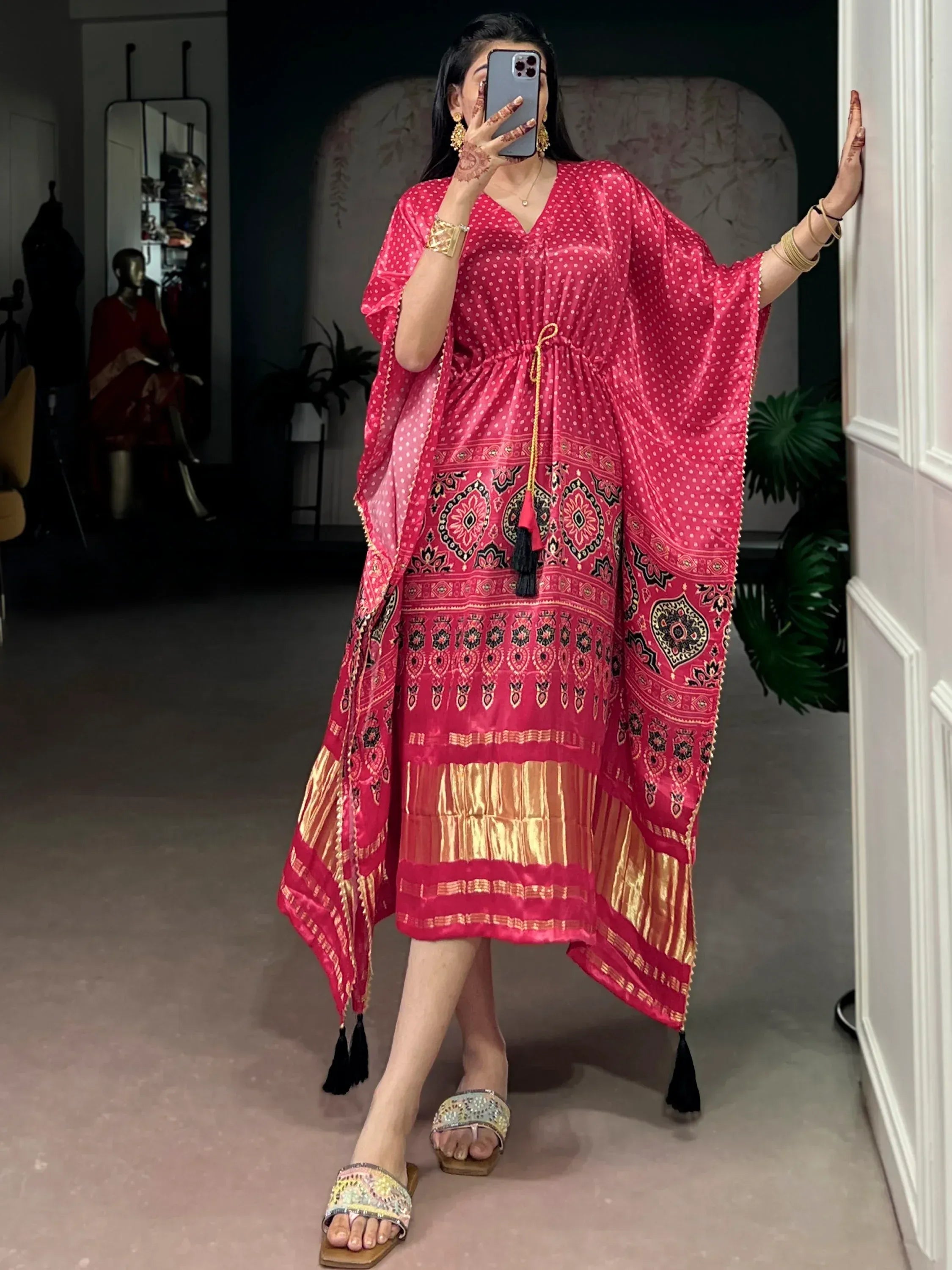 Enchanting Rose Pink Gota Laced Gaji Silk Marriage Wear Kaftan