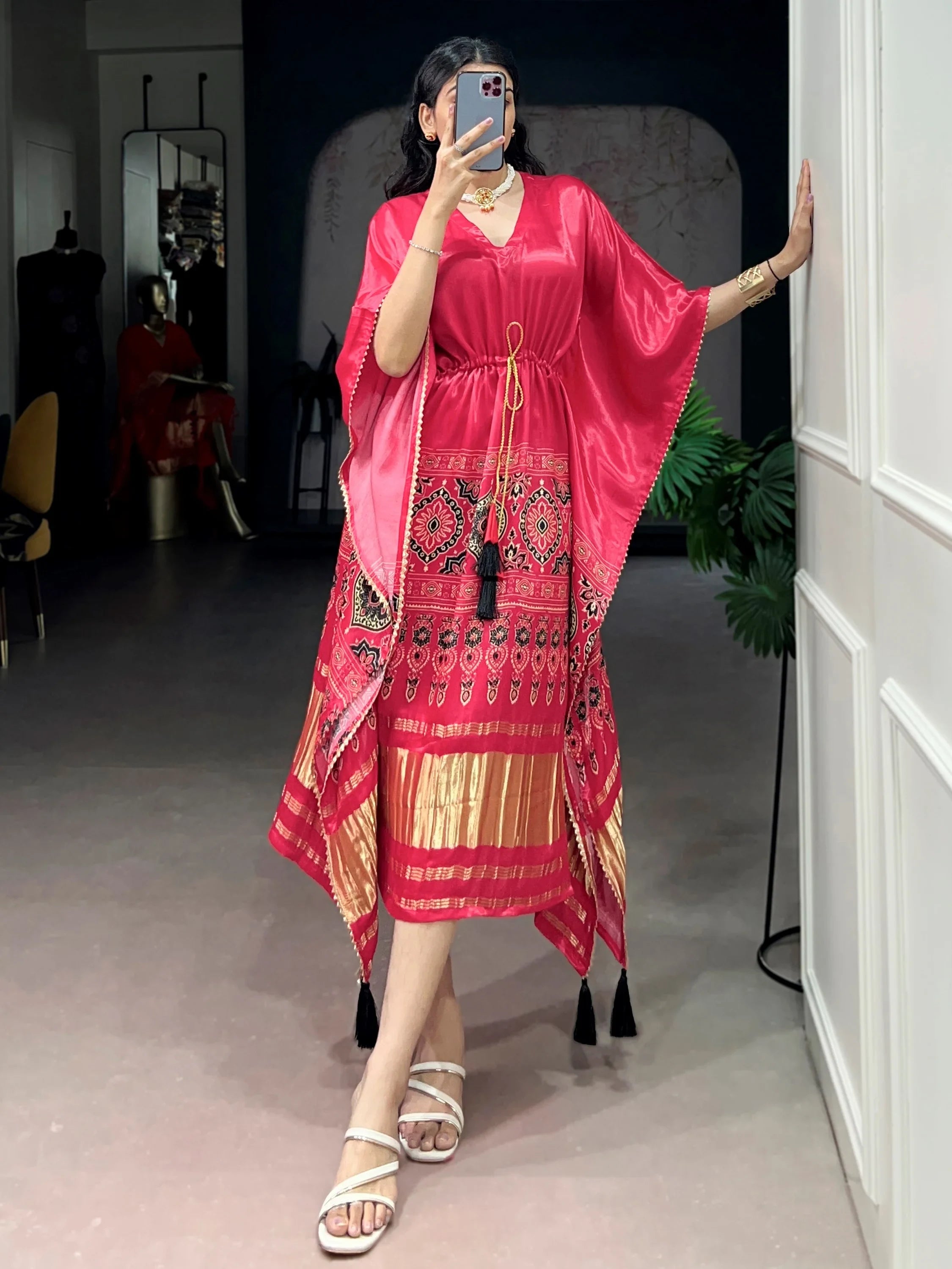 Delightful Pink Digital Printed Gaji Silk Festive Wear Kaftan