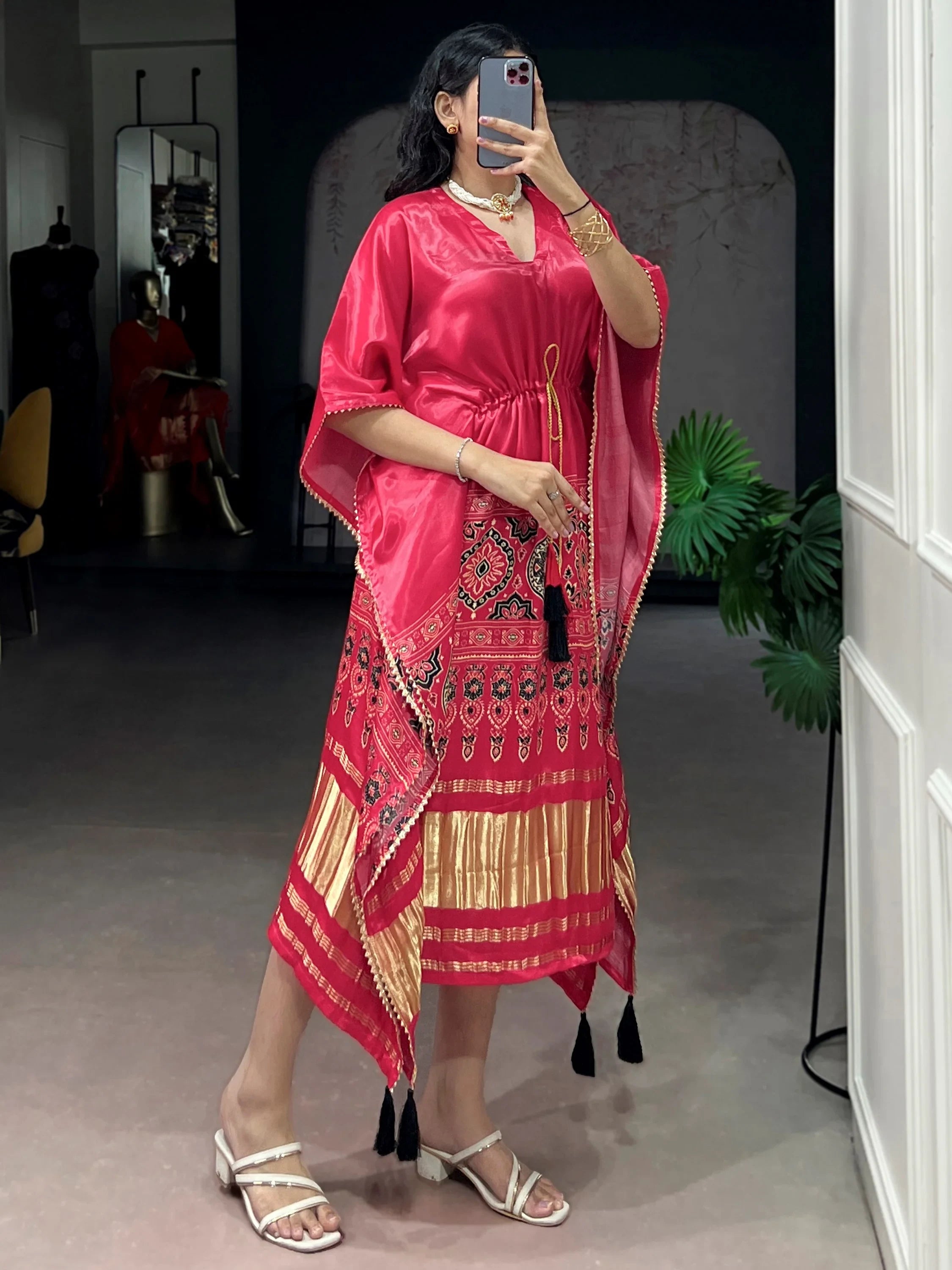 Delightful Pink Digital Printed Gaji Silk Festive Wear Kaftan