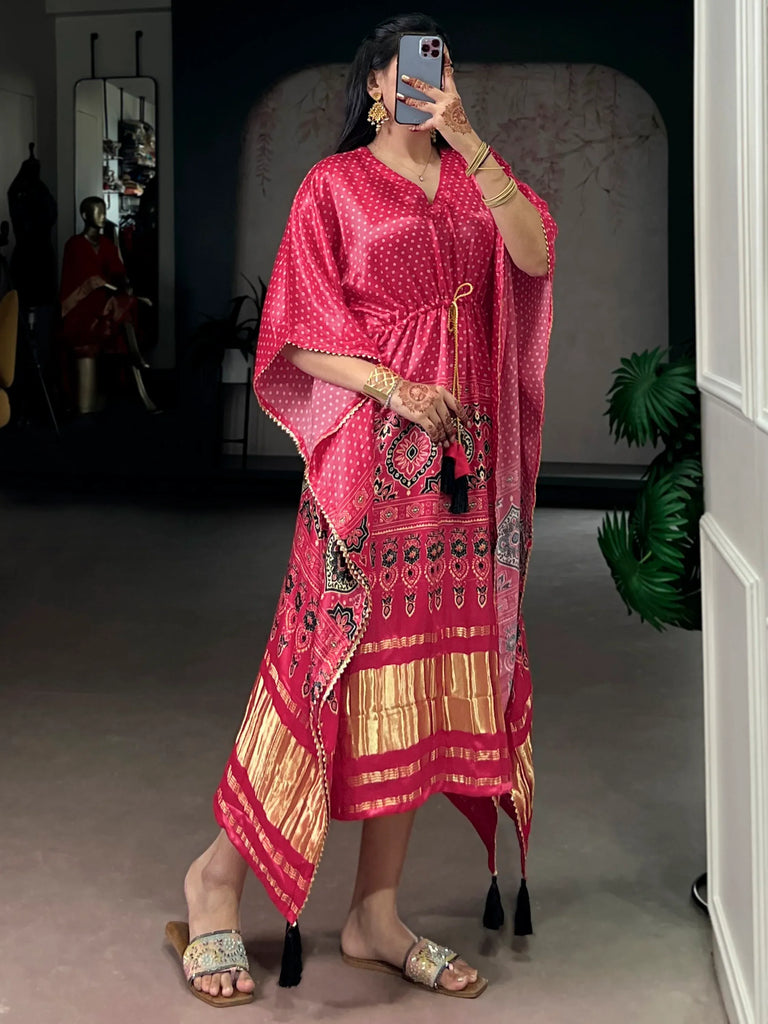 Enchanting Rose Pink Gota Laced Gaji Silk Marriage Wear Kaftan