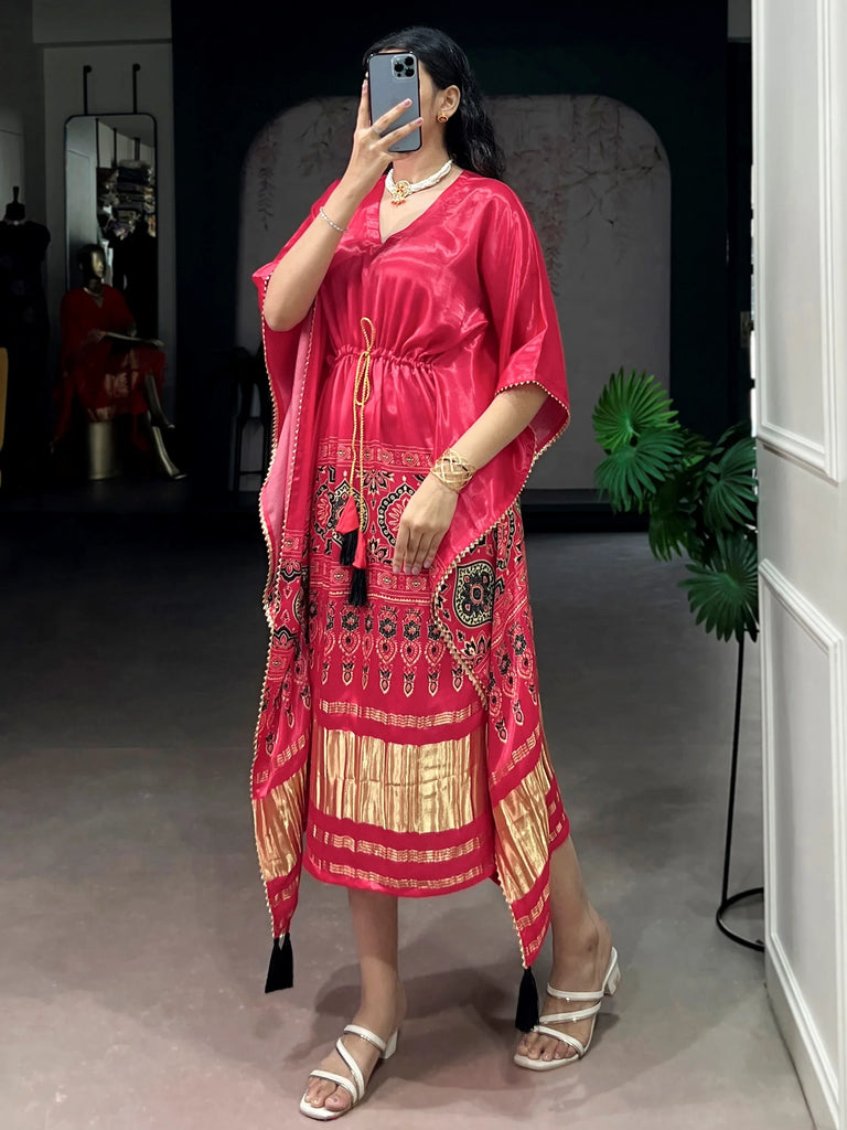 Delightful Pink Digital Printed Gaji Silk Festive Wear Kaftan