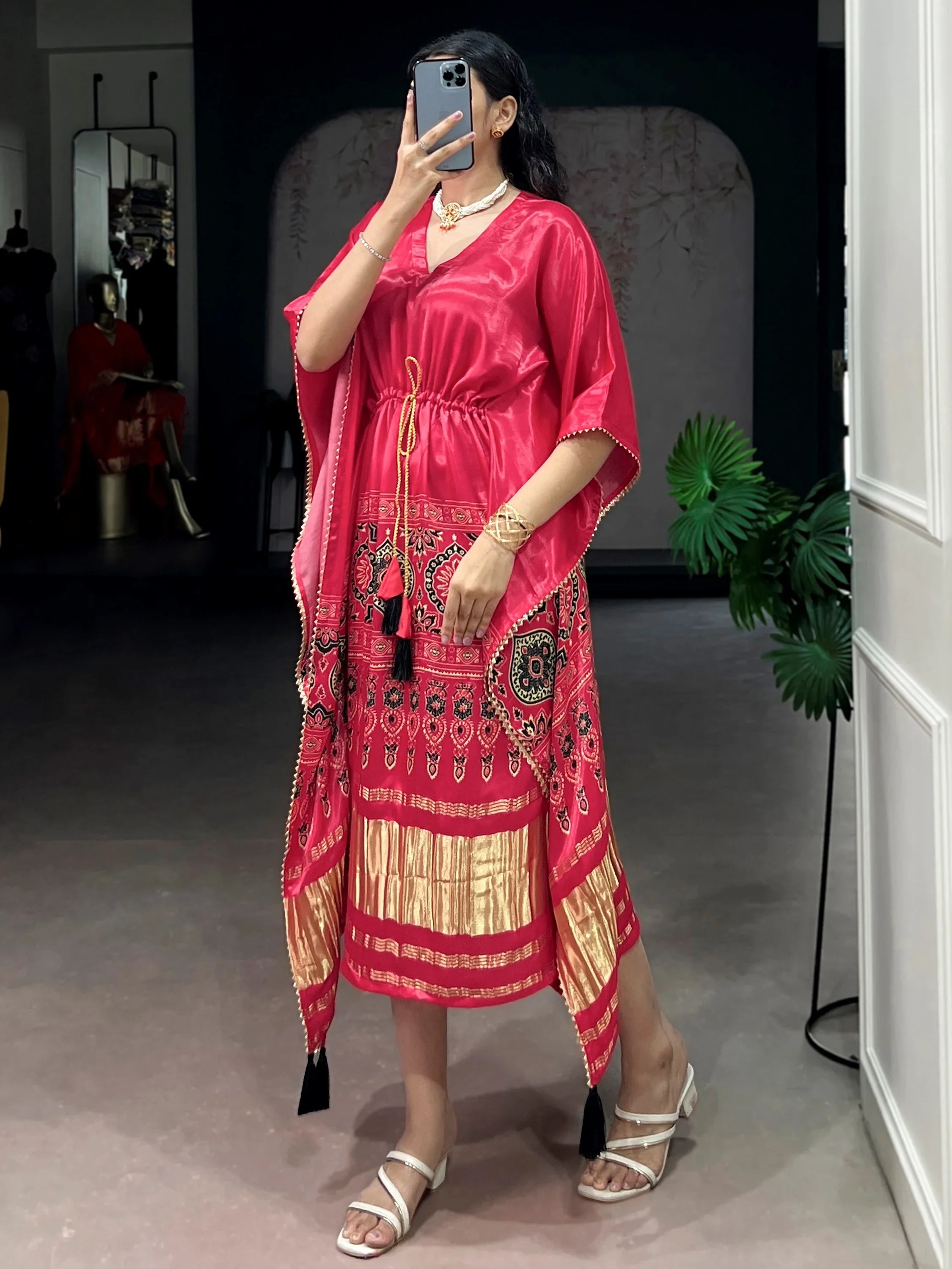 Delightful Pink Digital Printed Gaji Silk Festive Wear Kaftan