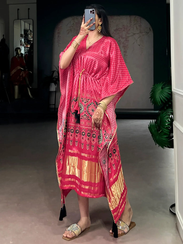 Enchanting Rose Pink Gota Laced Gaji Silk Marriage Wear Kaftan