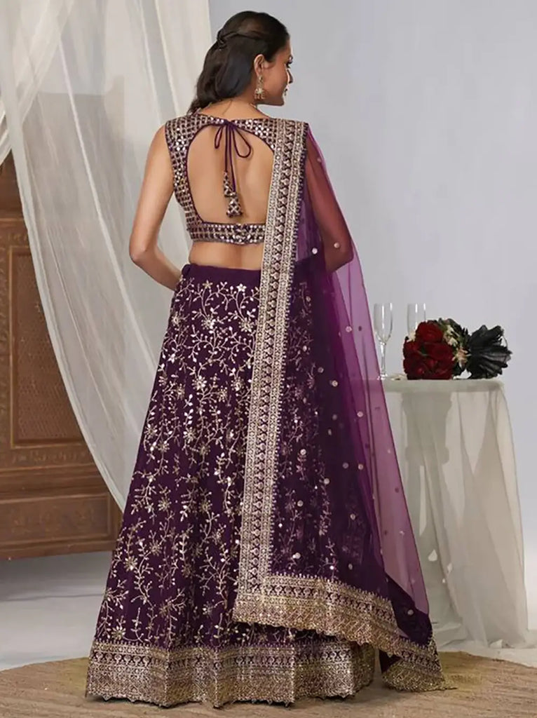Wonderful Purple Embroidered Georgette Wedding Lehenga Choli With Dupatta