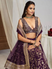 Wonderful Purple Embroidered Georgette Wedding Lehenga Choli With Dupatta