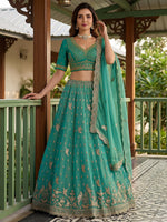 Splendid Sea Green Organza Sequins Engagement Wear Lehenga Choli