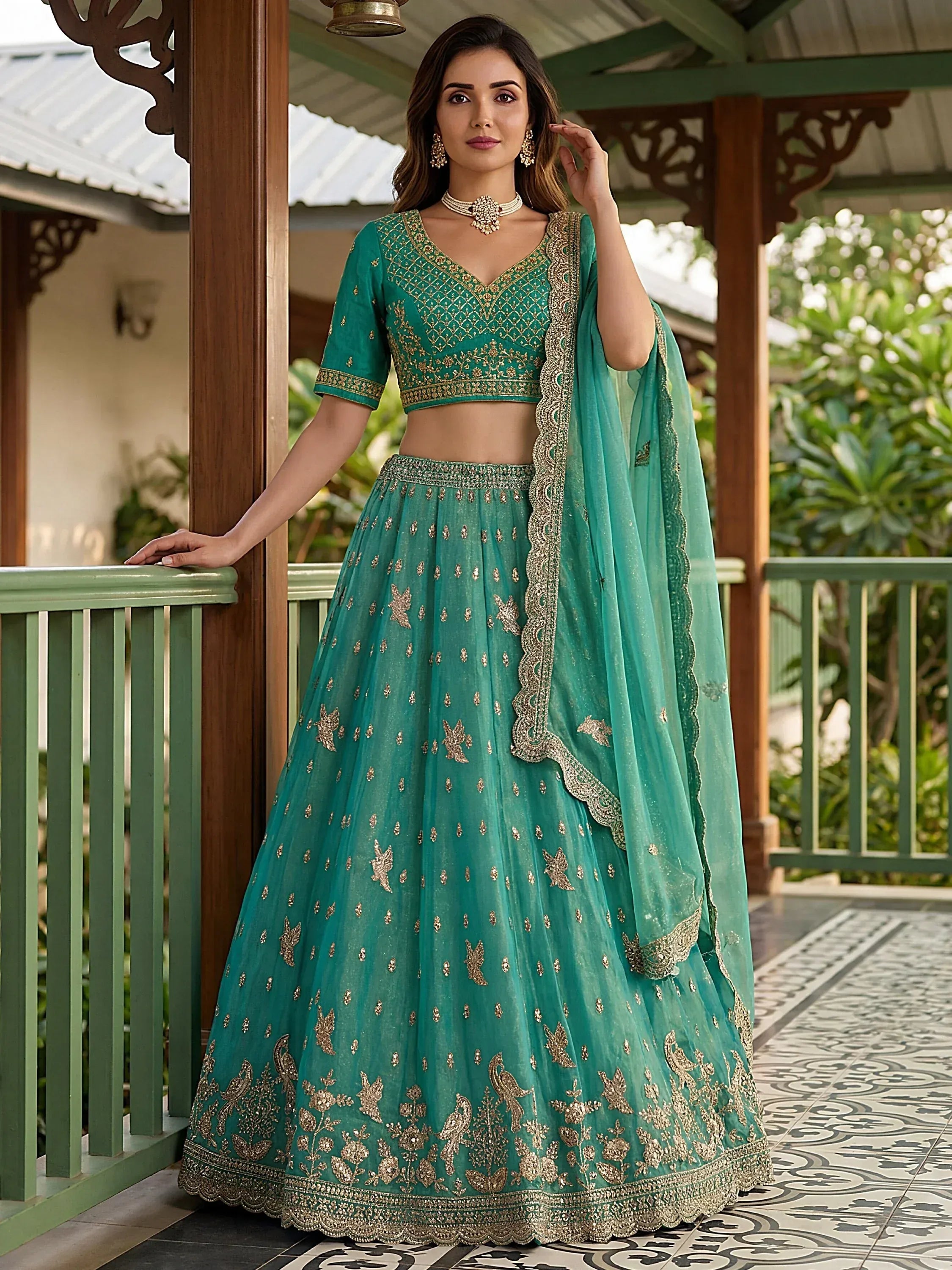 Splendid Sea Green Organza Sequins Engagement Wear Lehenga Choli