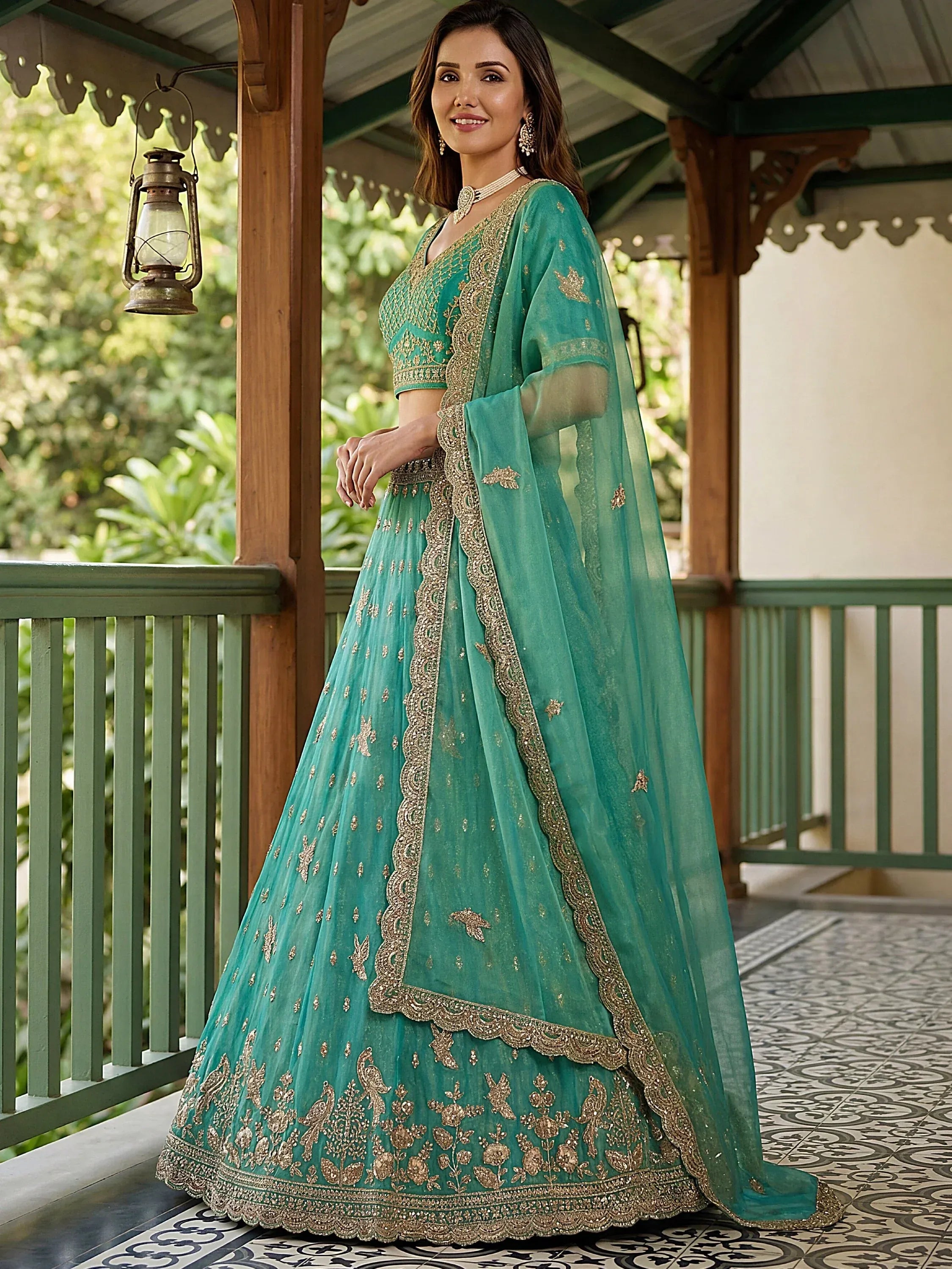 Splendid Sea Green Organza Sequins Engagement Wear Lehenga Choli