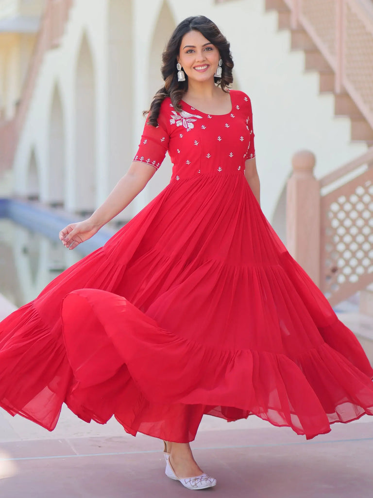 Delicate Red Georgette Embroidered Festival Wear Gown