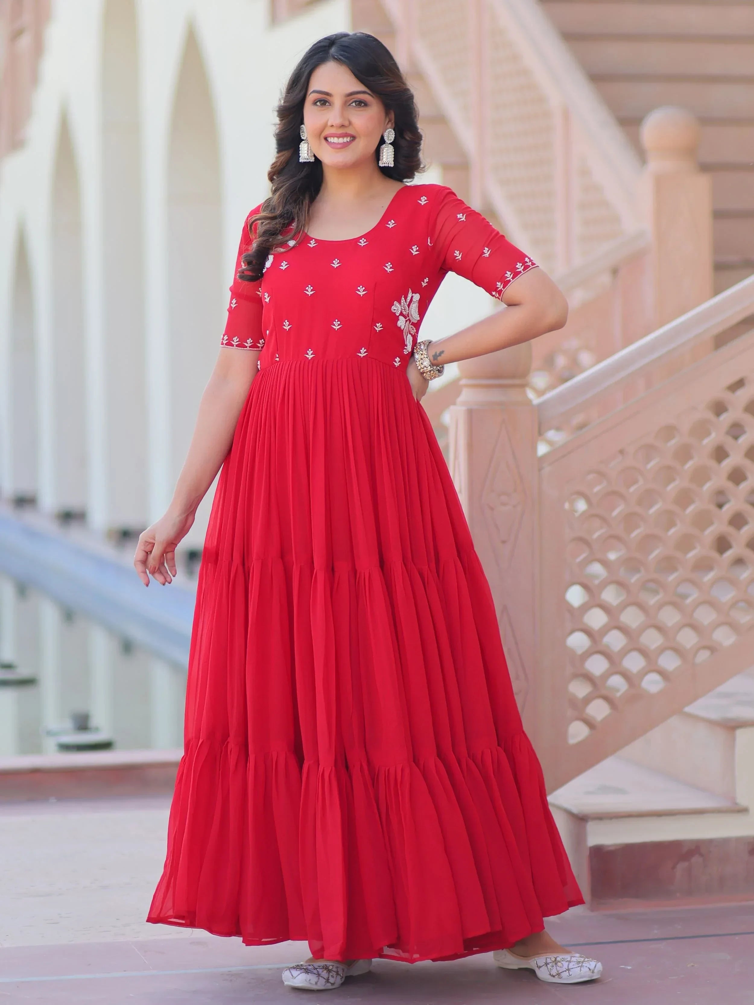 Delicate Red Georgette Embroidered Festival Wear Gown