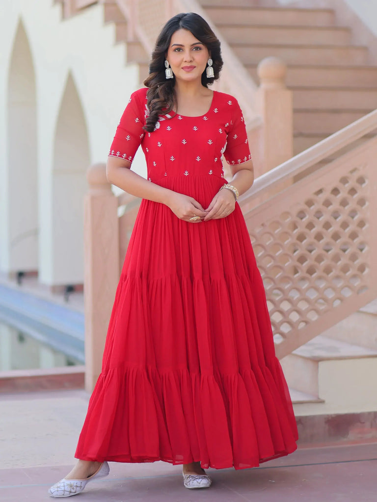Delicate Red Georgette Embroidered Festival Wear Gown
